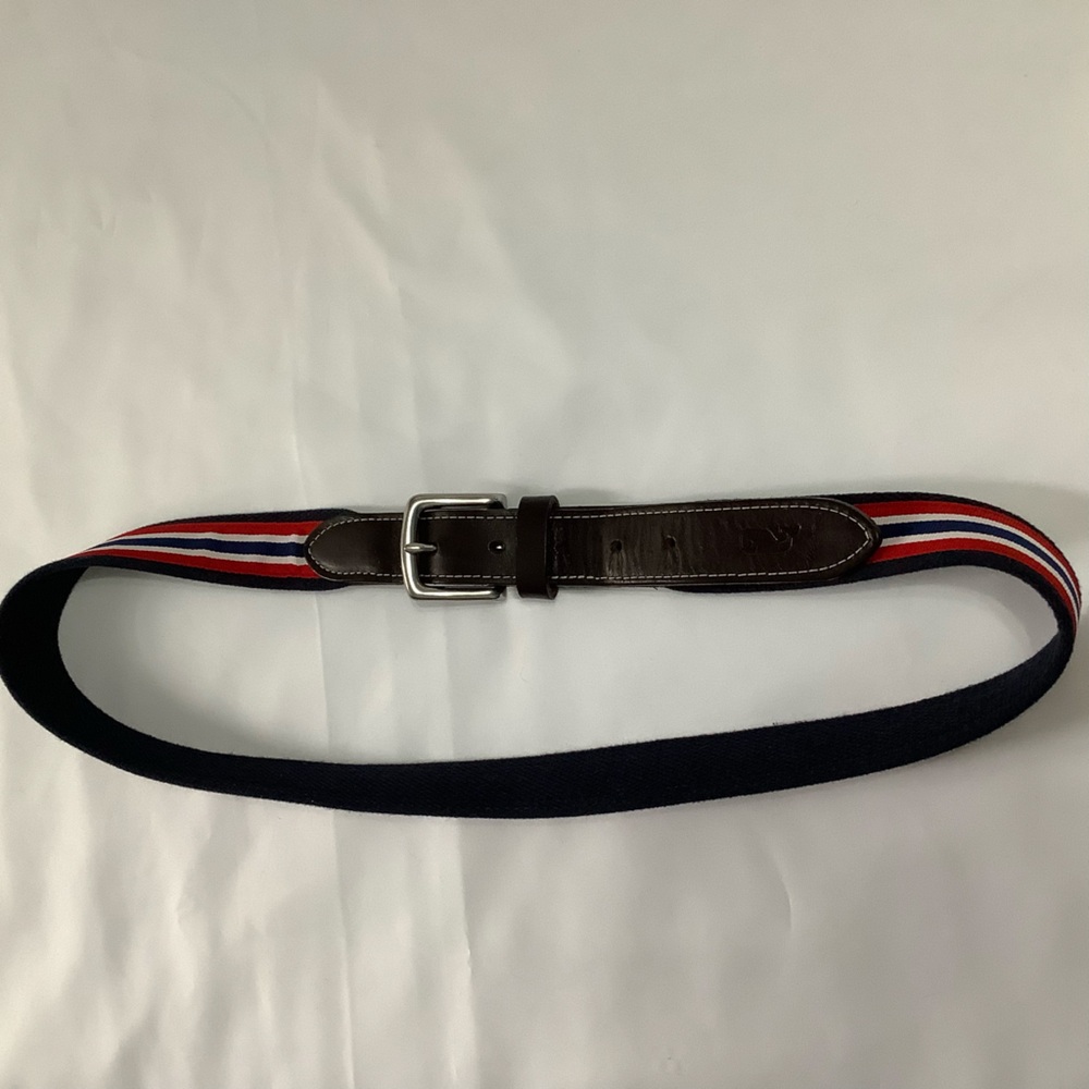 Vineyard Vines Belt Men’s 36 Brown Leather. Ribbon Canvas Stripe